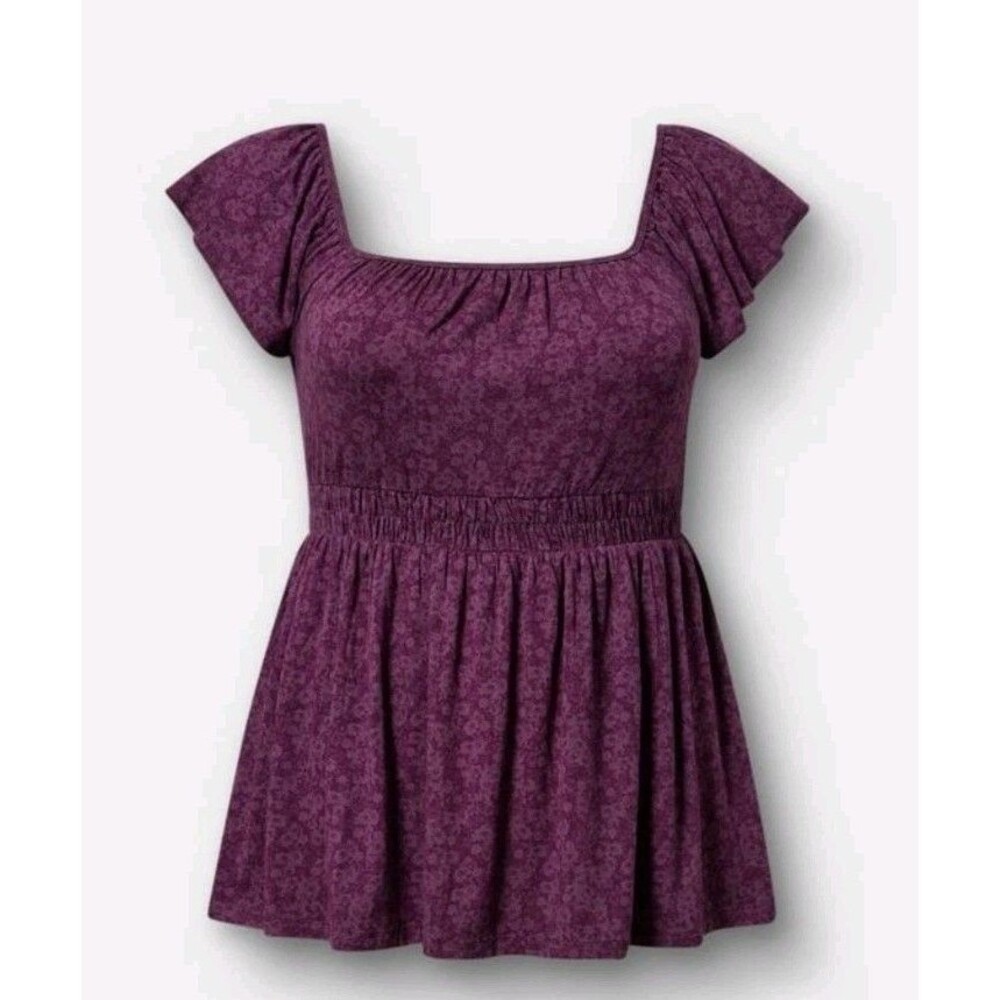 Torrid Super Soft  Flutter Sleeve Babydoll Top Sz 3x Purple Floral Peasant